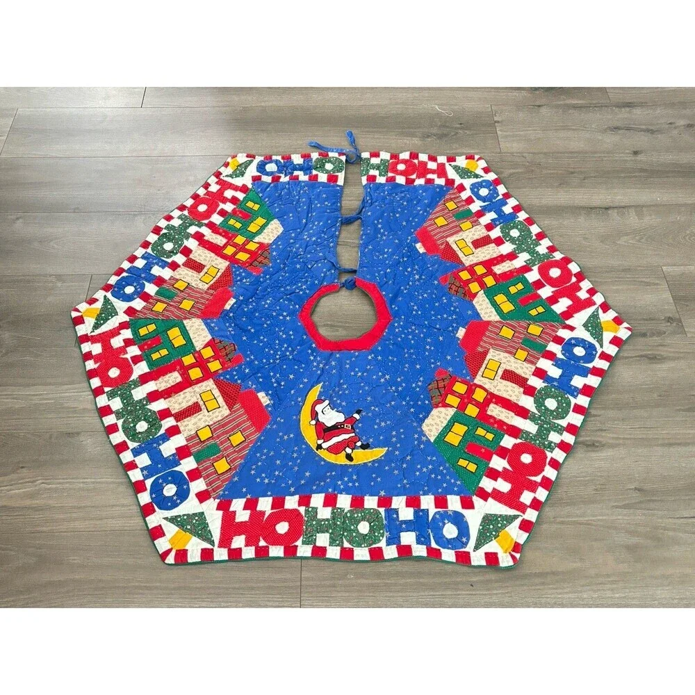 Vintage Patchwork HO HO HO Multicolor Christmas Tree Skirt Santa Holiday 40